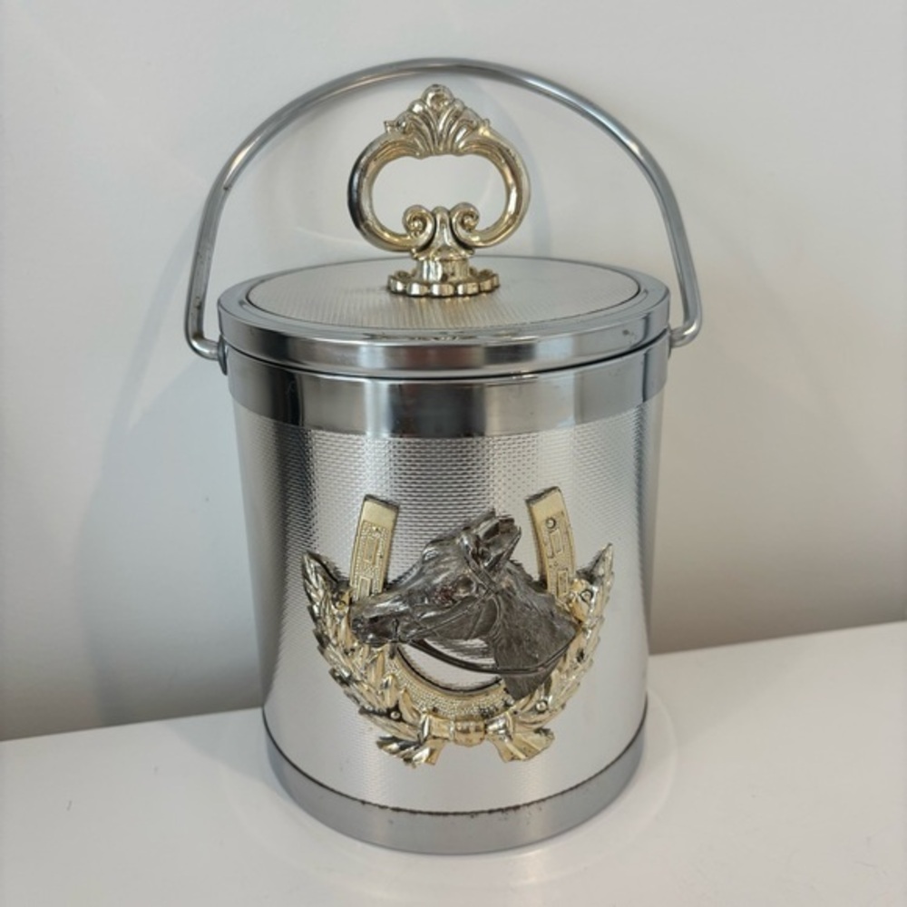 Vintage MCM Equestrian Horse Themed metal Ice Bucket silver tone western barware